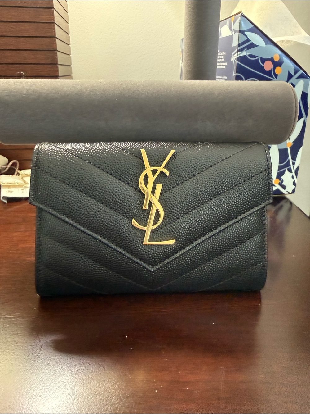Saint Laurent Black Quilted Leather Wallet with Gold YSL Emblem
